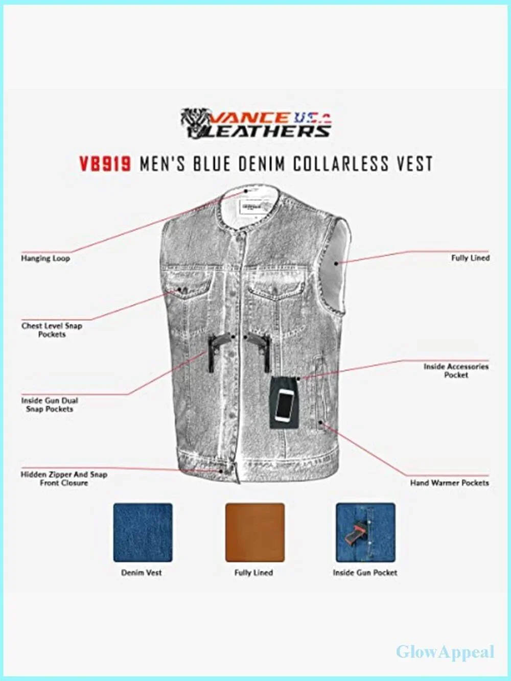 Collarless Denim Club Vest with Conceal Carry Pockets